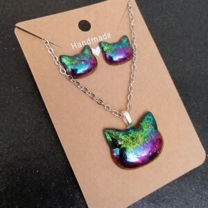 Rainbow color shift cat stud earrings and necklace jewelry set new handmade New